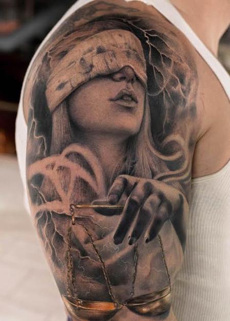 Yomico Moreno - Lady Judgment Black and Gray Bicep Tattoo